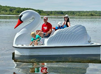 family in a swan boat